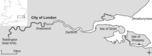 Location map of the River Thames, UK, showing the tidal limit at Teddington