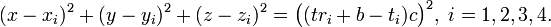 (x-x_i)^2 + (y-y_i)^2 + (z-z_i)^2 = \bigl((tr_i + b - t_i)c\bigr)^2,\;i=1,2,3,4.
