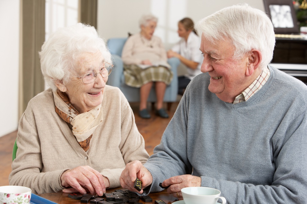 Happy elderly couple playing dominoes